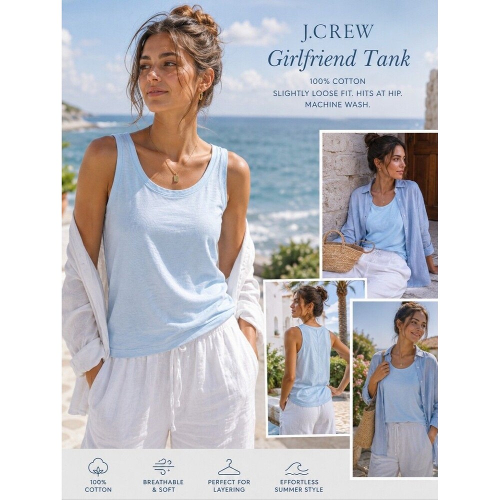 J.Crew Girlfriend Tank Top Small Blue Relaxed Cotton Coastal Basic